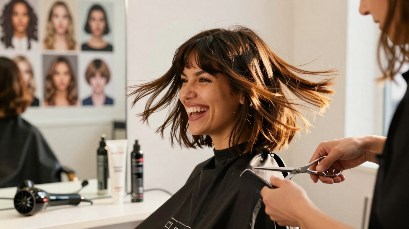 Frau lacht während Haarschnitt im Friseursalon, Haare werden geschnitten und gestylt.