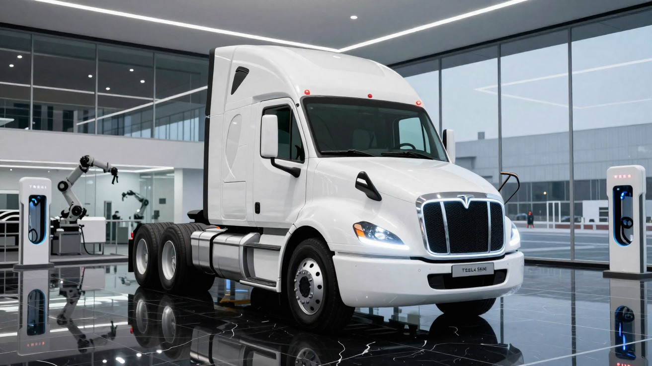 Weisser Tesla Semi Elektro-Sattelschlepper steht in modernem Showroom mit Ladestationen.