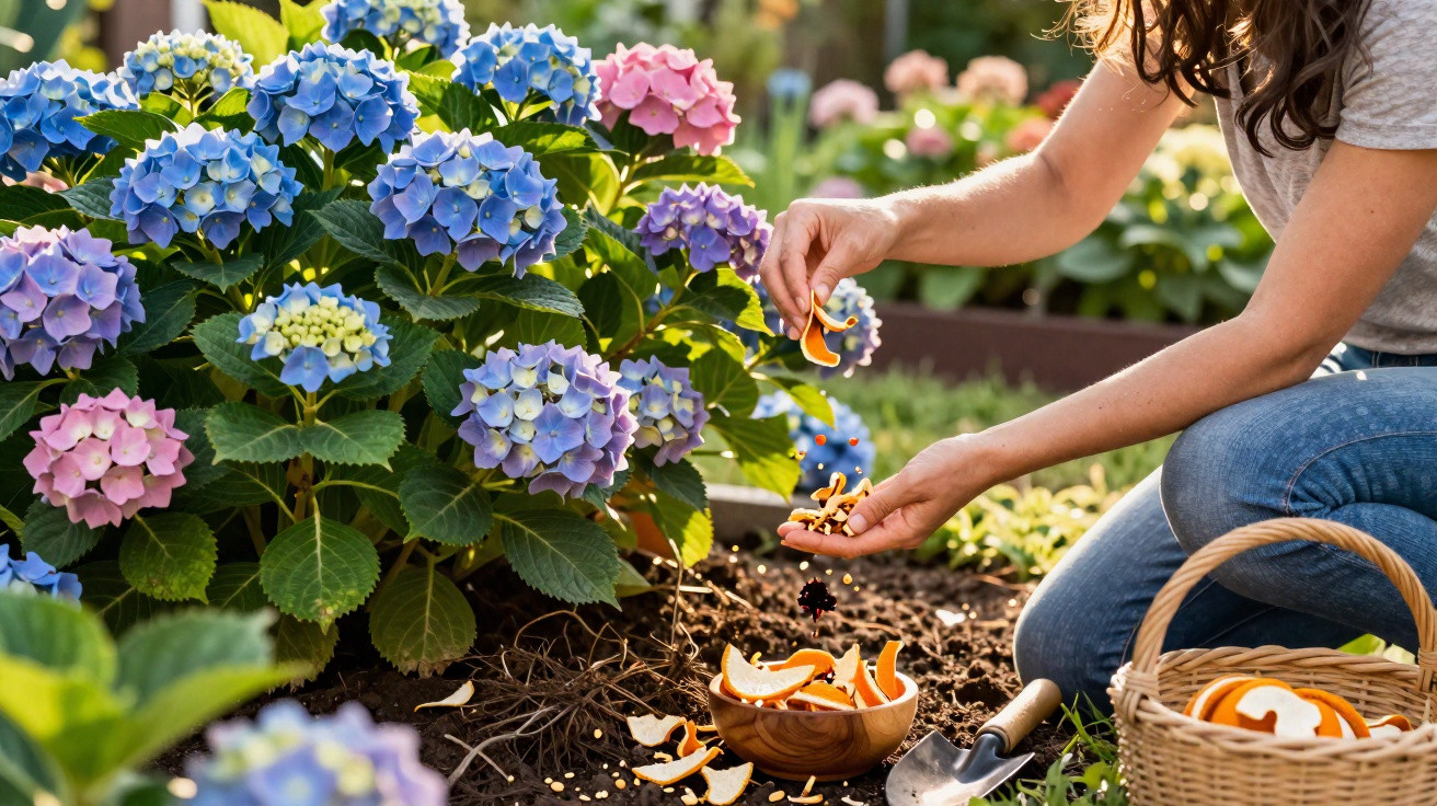 Frau im Garten, die Orangenschalen als Dünger neben blühenden Hortensien in den Boden streut.