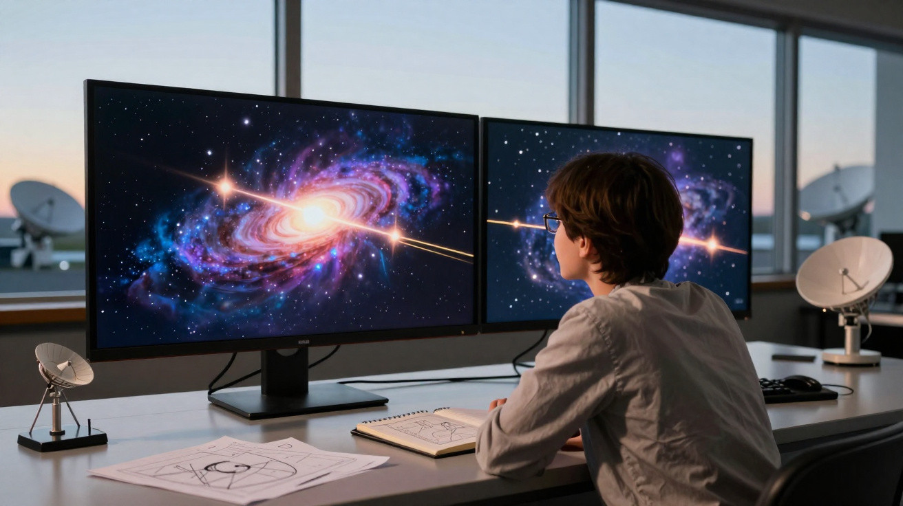 Kind schaut auf zwei Monitore mit Galaxie und Satellitenschüsseln im Hintergrund eines modernen Büros.