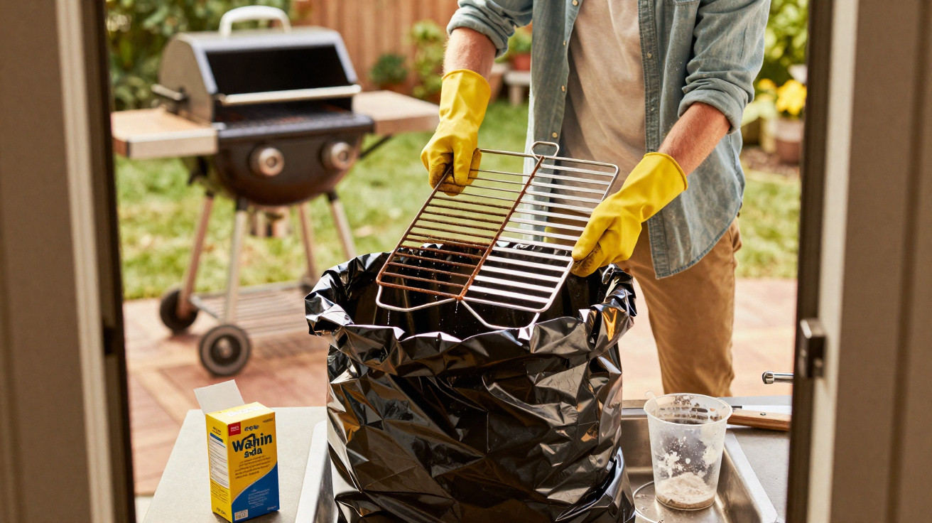 Person entsorgt schmutziges Grillrost in Müllsack, Grill steht im Hintergrund auf Terrasse.