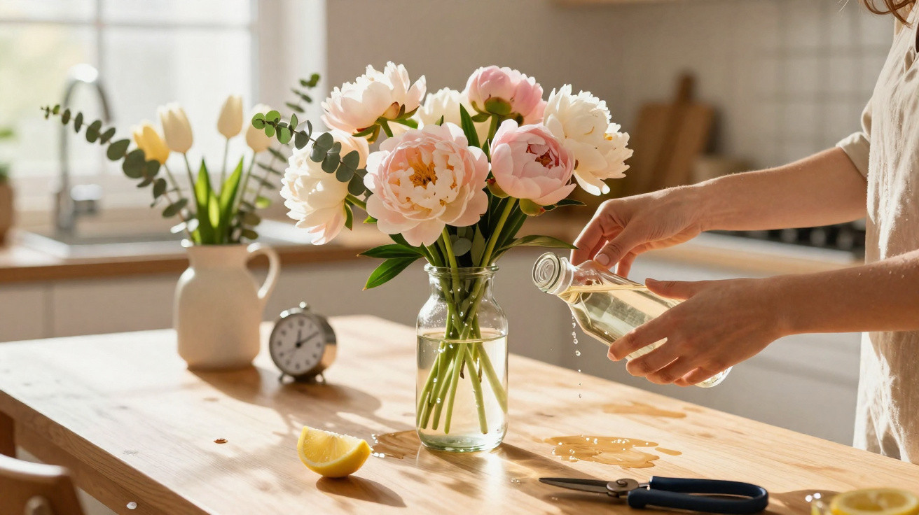 Frau gießt Wasser in Vase mit rosa Pfingstrosen, Küchenfenster, Uhr und Tulpen im Hintergrund.