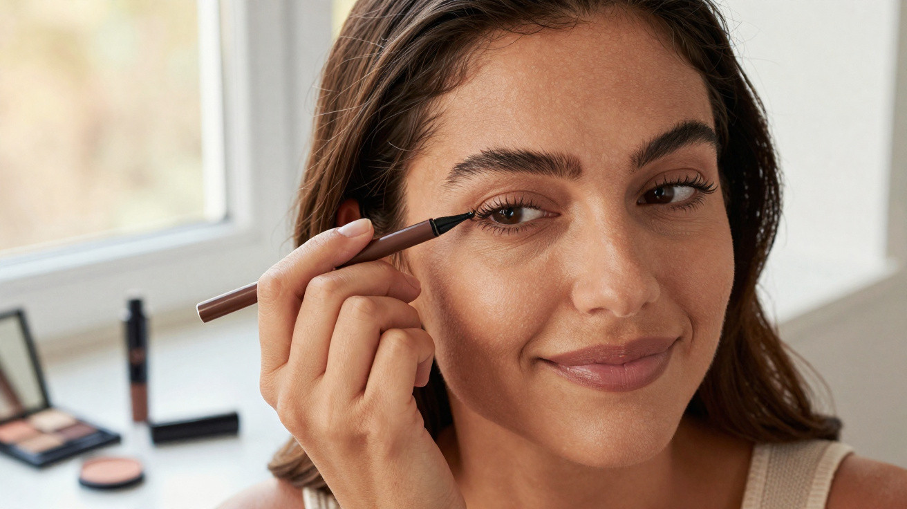 Frau appliziert Eyeliner am rechten Auge vor Fenster, Make-up Produkte im Hintergrund sichtbar.