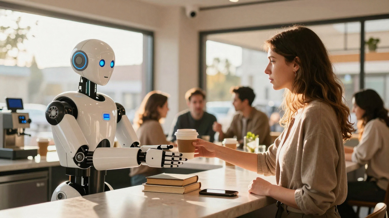 Frau übergibt Roboter im Café einen Kaffeebecher, andere Menschen sitzen im Hintergrund.