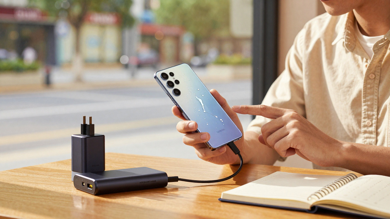 Person bedient nasses Smartphone, das via Kabel an Powerbank und Steckladegerät auf Holztisch angeschlossen ist.