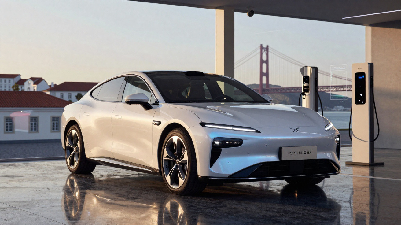 Weiss-glänzendes Elektroauto Forthing S7 lädt an Ladestation mit Brücke im Hintergrund.