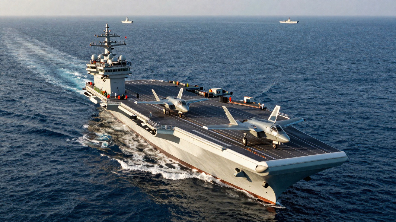 Flugzeugträger mit zwei Kampfjets auf dem Deck Fahrt über ruhiges Meer, zwei weitere Schiffe in der Ferne sichtbar.