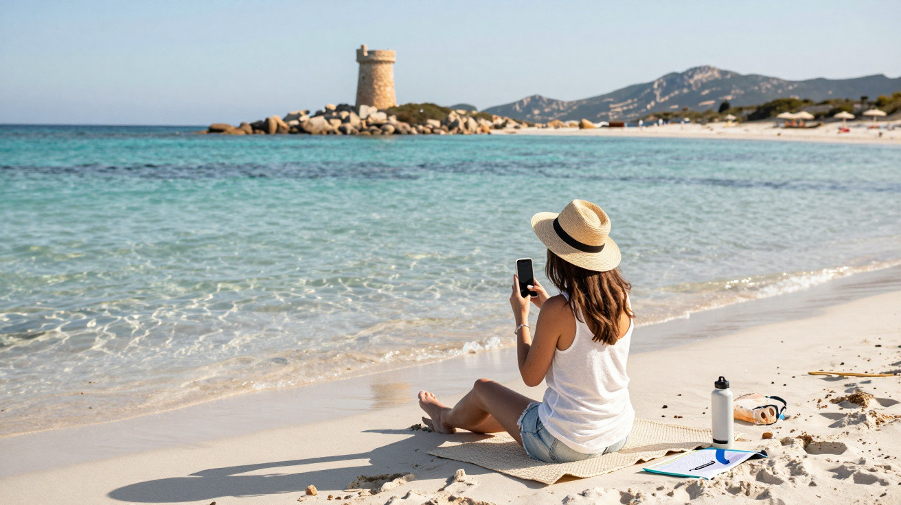 Frau mit Strohhut sitzt am Strand, blickt aufs Meer und fotografiert mit Smartphone, Turm und Berge im Hintergrund.