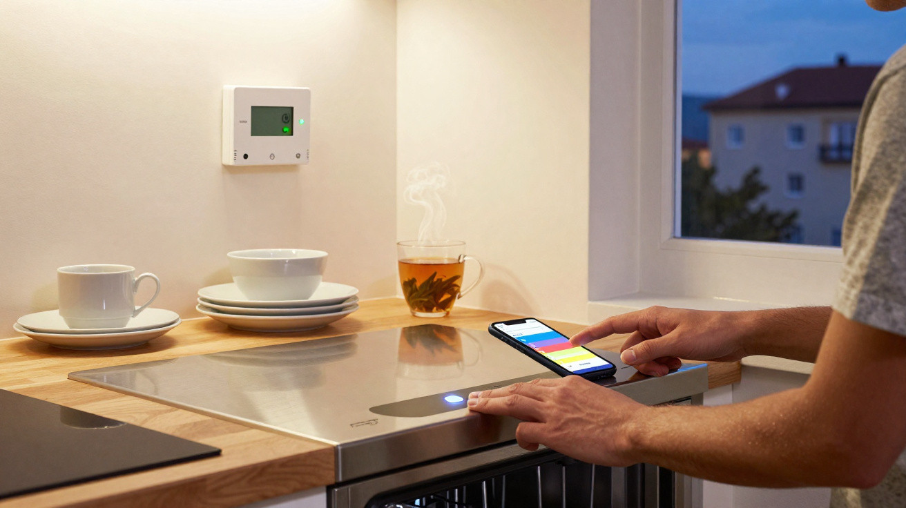 Person bedient modernen Induktionsherd mit Smartphone-App in gemütlicher Küche bei Abenddämmerung.