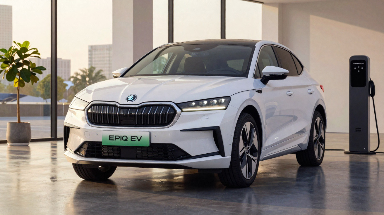 Weisses Elektroauto Skoda Epiq EV in modernem Raum neben Ladestation und Fensterfront.