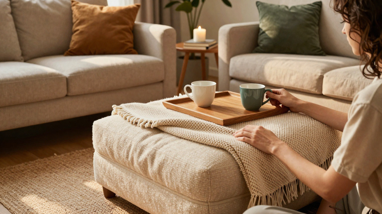 Frau stellt Tablett mit zwei Tassen auf gedeckten Pouf im gemütlichen Wohnzimmer mit Sofas und Kissen.