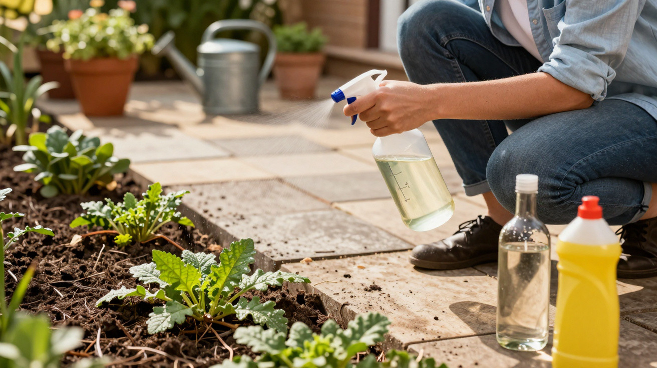 Person bewässert junge Pflanzen im Garten mit einer Sprühflasche auf der Terrasse.