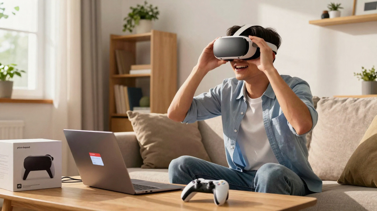 Junger Mann sitzt auf Sofa und trägt eine VR-Brille, neben Laptop und Gamecontroller auf dem Tisch im Wohnzimmer.