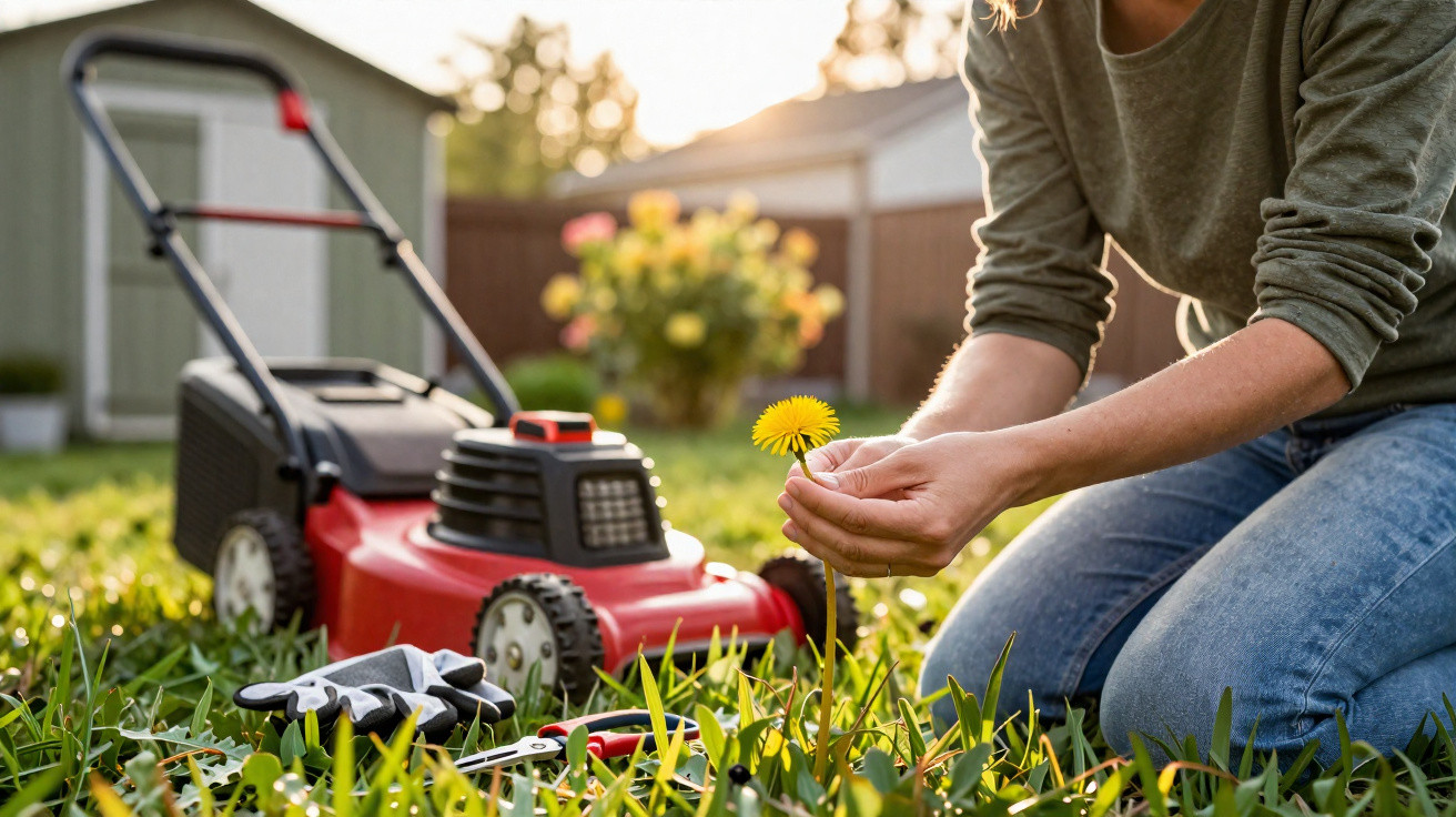 Person kniet im Garten, hält eine Löwenzahnblume, im Hintergrund Rasenmäher und Gartenhandschuhe