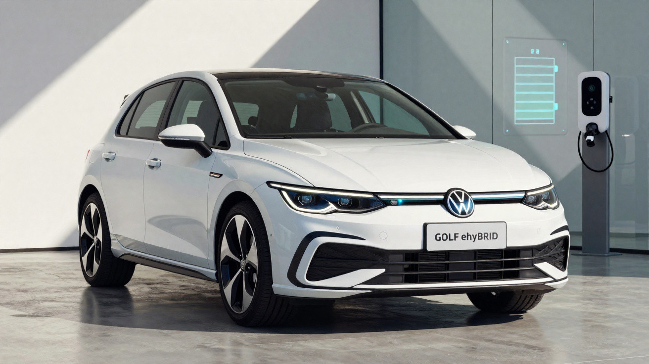 Weisser Volkswagen Golf eHybrid Elektroauto lädt an Ladestation in modernem Gebäude.