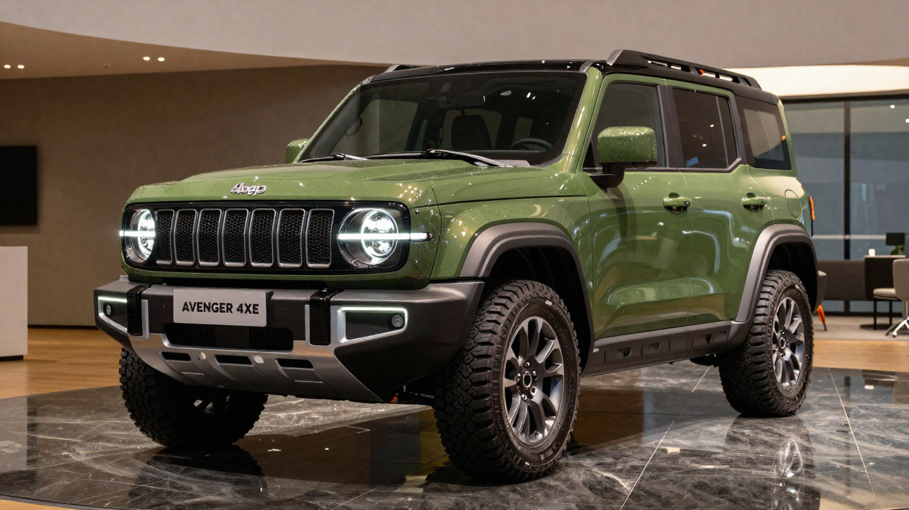 Grüner Jeep Avenger 4XE SUV mit runden LED Scheinwerfern in modernem Innenraum auf Marmorboden.