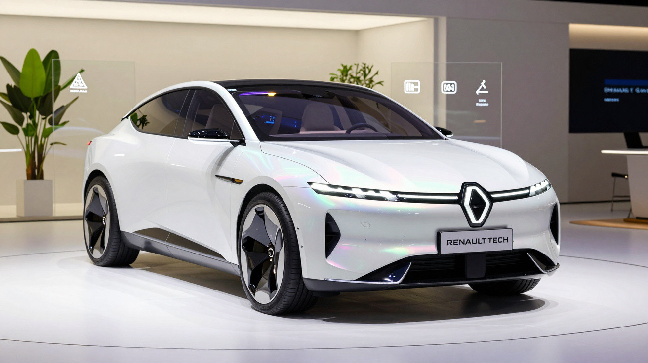 Weiss glänzendes Renault Elektroauto mit futuristischem Design auf einer Messe in modernem Ausstellungsraum.