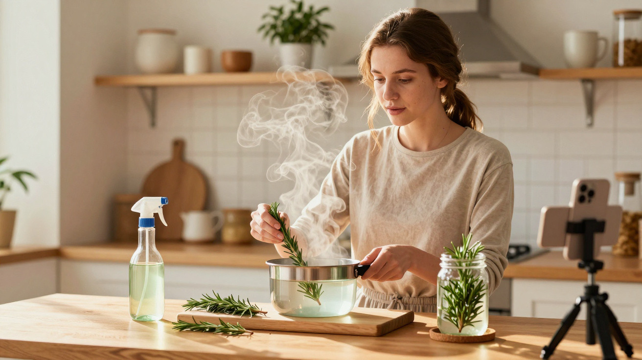 Frau bereitet in moderner Küche Aromatherapie mit frischem Rosmarin und dampfendem Wasser zu.