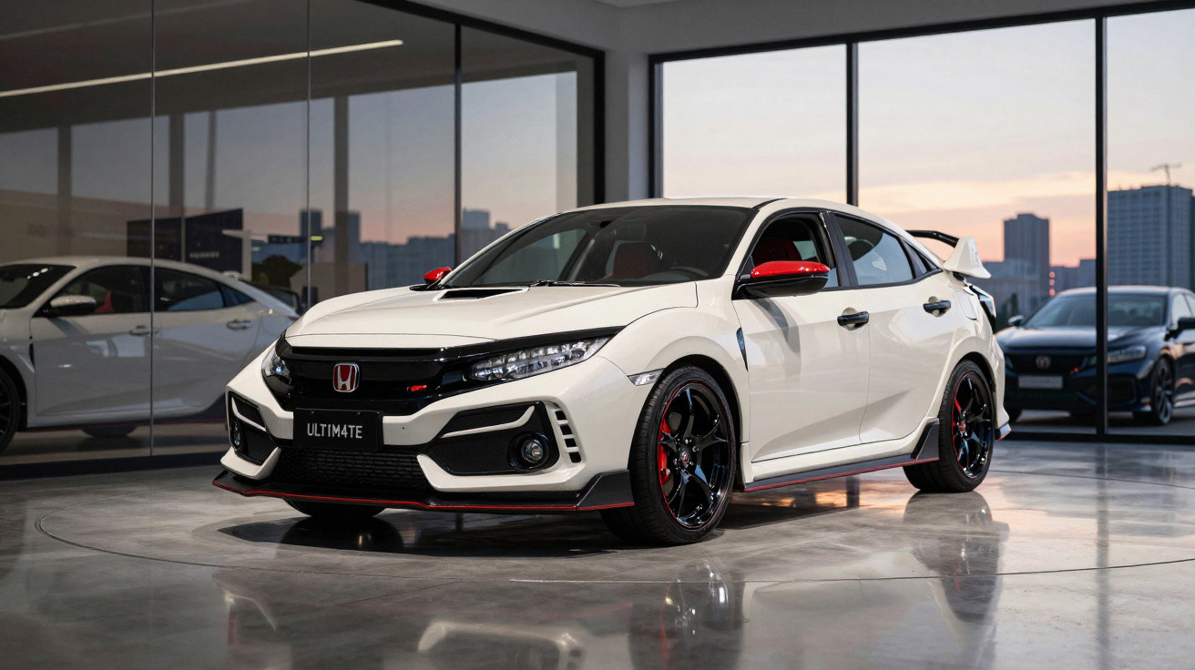 Weisser Honda Civic Type R mit roten Akzenten in moderner Ausstellungshalle bei Sonnenuntergang.
