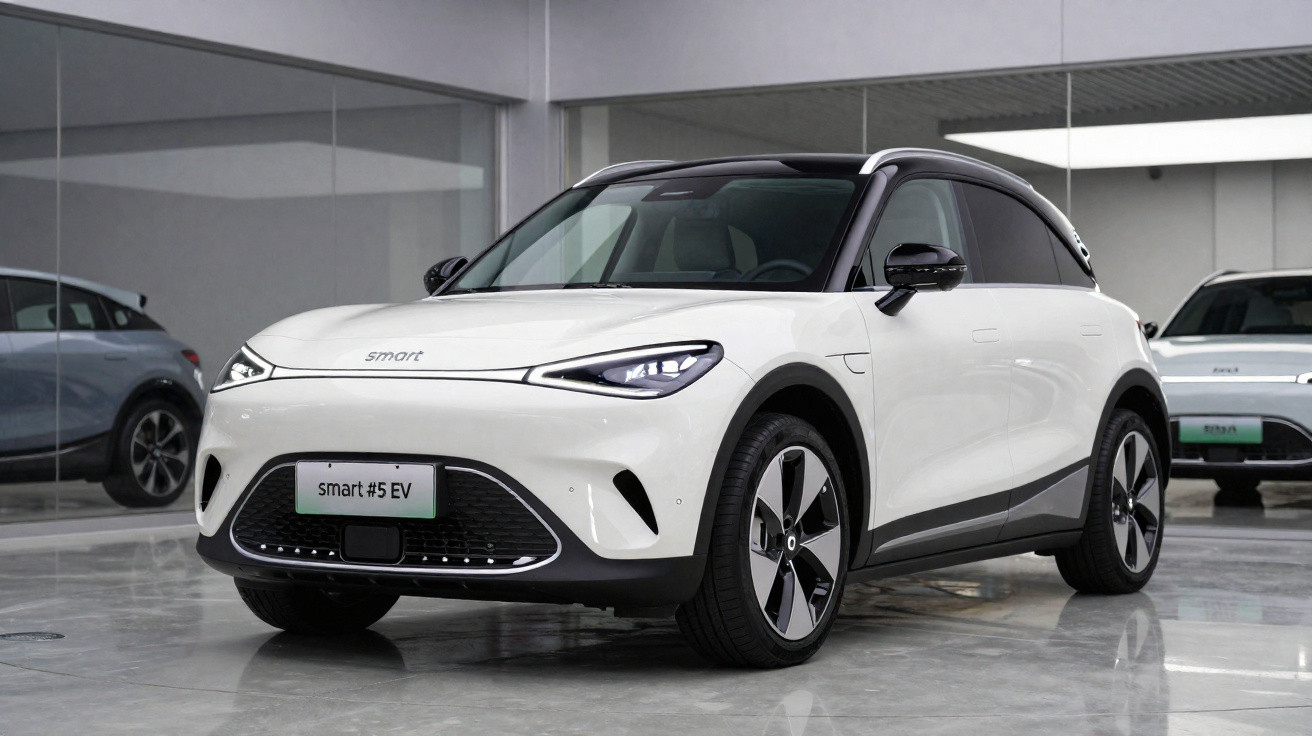 Weisser Smart #5 Elektroauto in modernem Showroom mit spiegelnden Glaswänden.