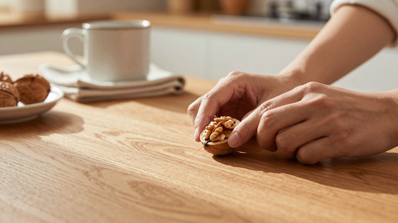 Hände, die eine offene Walnuss mit Nusskern auf einem Holztisch halten, im Hintergrund Tasse und Teller.