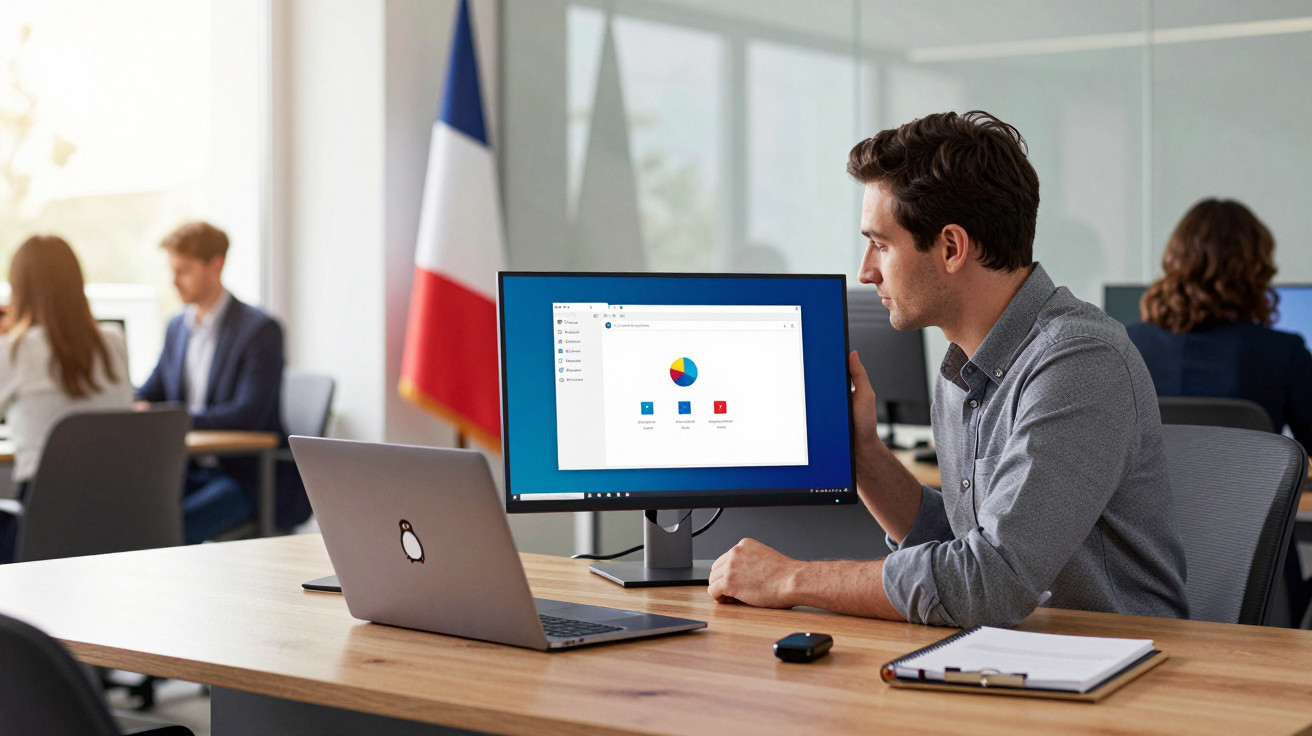 Mann sitzt am Schreibtisch und arbeitet an Computer mit Laptop, Bildschirm zeigt bunte Diagramme.