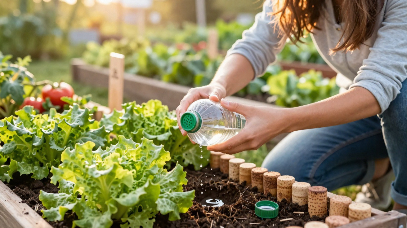 Person gießt mit Flasche Salat in Hochbeet im Garten bei Sonnenlicht.