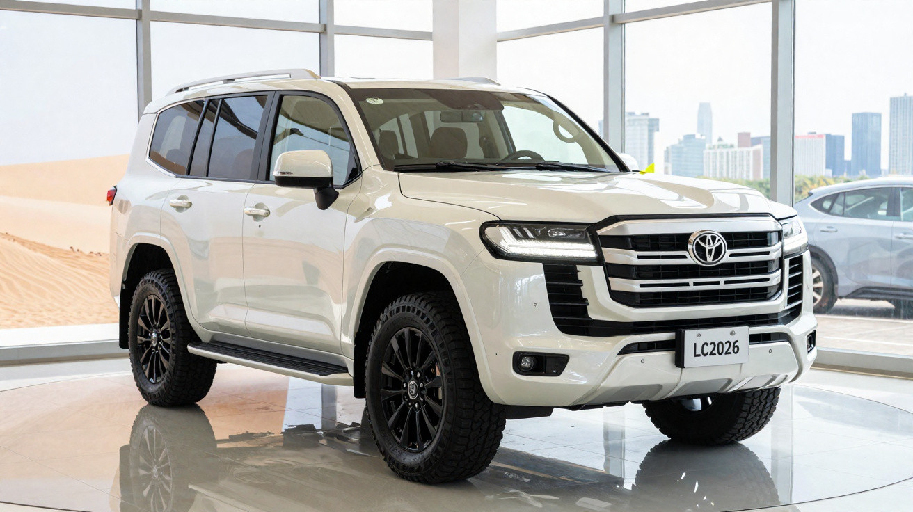Weisser Toyota Geländewagen SUV im Showroom mit grossen Fenstern und Stadtblick im Hintergrund.