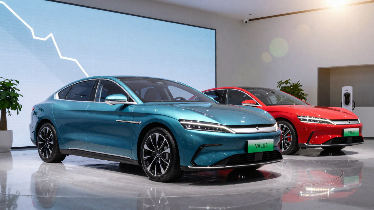 Zwei moderne Elektroautos, blau und rot, in einem hellen Ausstellungsraum mit Ladestation und Pflanzen.