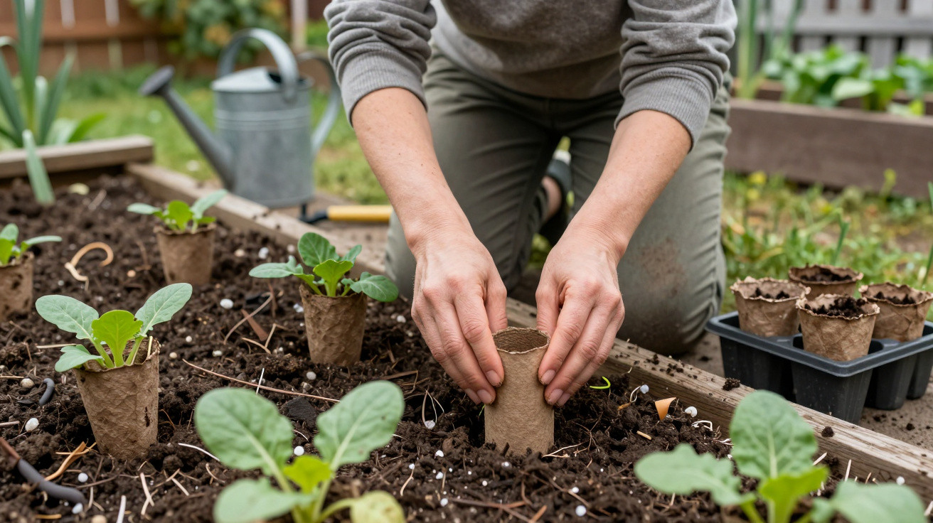 Person setzt junge Pflanzen in biologisch abbaubare Töpfe in ein Hochbeet im Garten.