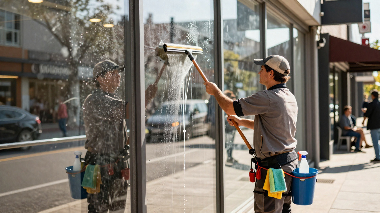 Fensterputzer reinigt grosse Schaufensterscheibe an sonniger Strasse mit Abzieher und Eimer.