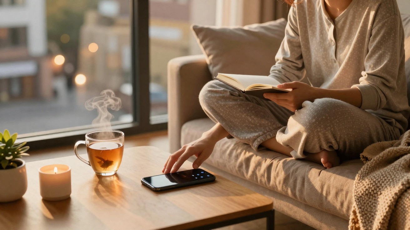 Person in gemütlichem Pyjama sitzt auf Sofa, liest Buch und greift nach Smartphone, mit Tee und brennender Kerze auf dem Tisc
