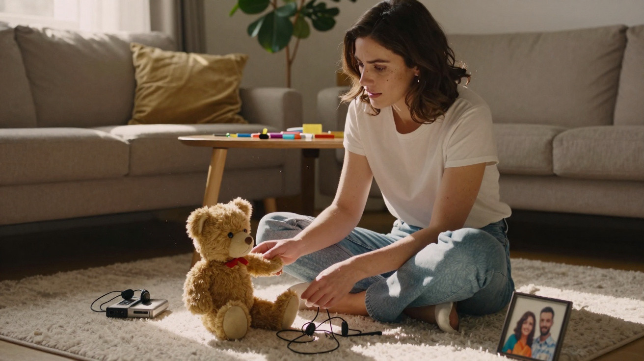 Junge Frau sitzt auf dem Teppich und spielt mit einem Teddybär in einem gemütlichen Wohnzimmer.