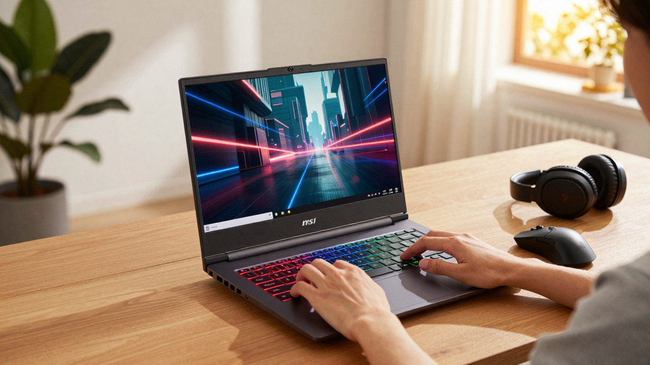 Person spielt Computerspiel auf MSI Laptop mit bunten Tastaturlichtern am Holztisch, daneben Kopfhörer und Maus