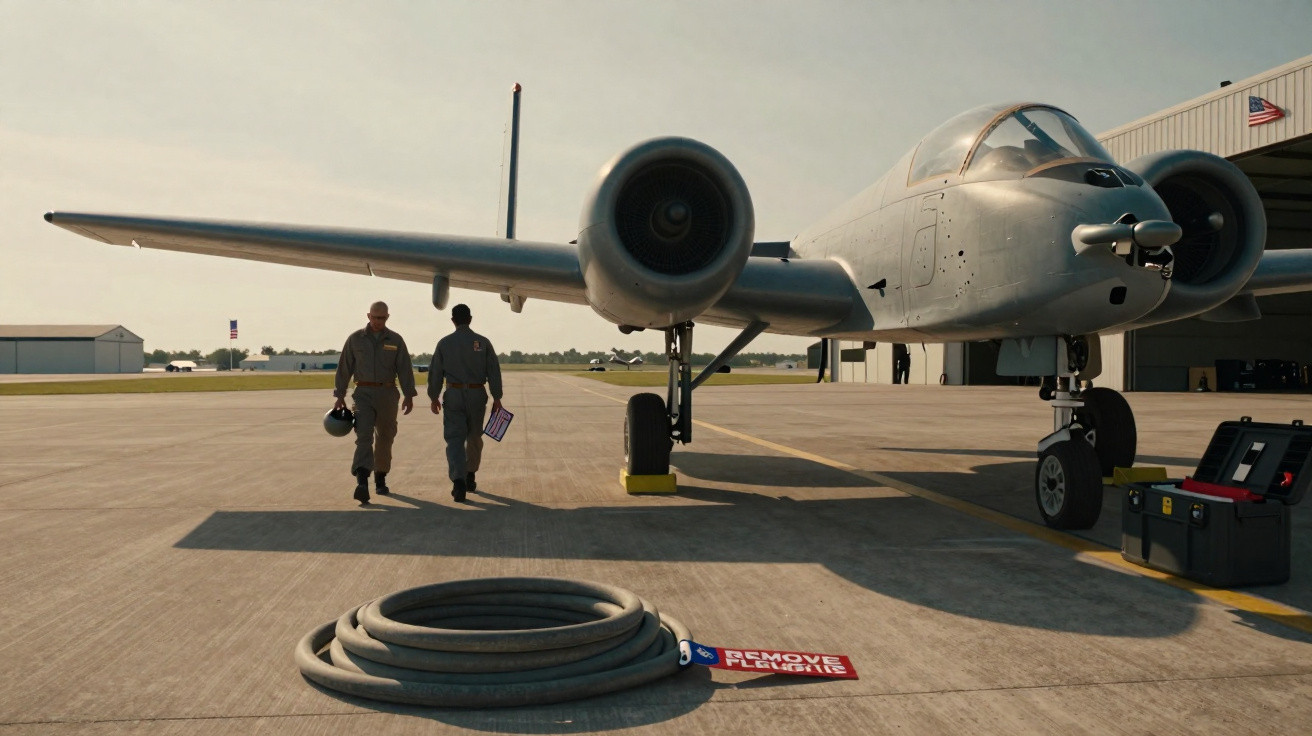 Zwei Piloten laufen auf einem Flugplatz neben einem geparkten Militärflugzeug mit Propellern.