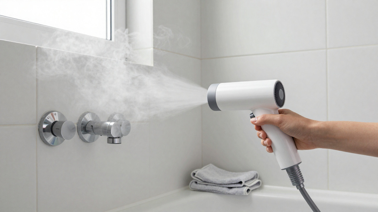 Hand hält Dampfreiniger, der auf verchromte Wasserhähne in hellem Badezimmer zielt.