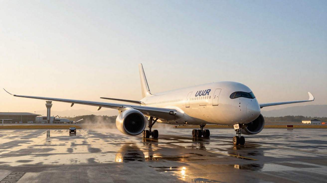 Ein grosses weisses Passagierflugzeug steht auf nassem Rollfeld bei Sonnenuntergang am Flughafen.
