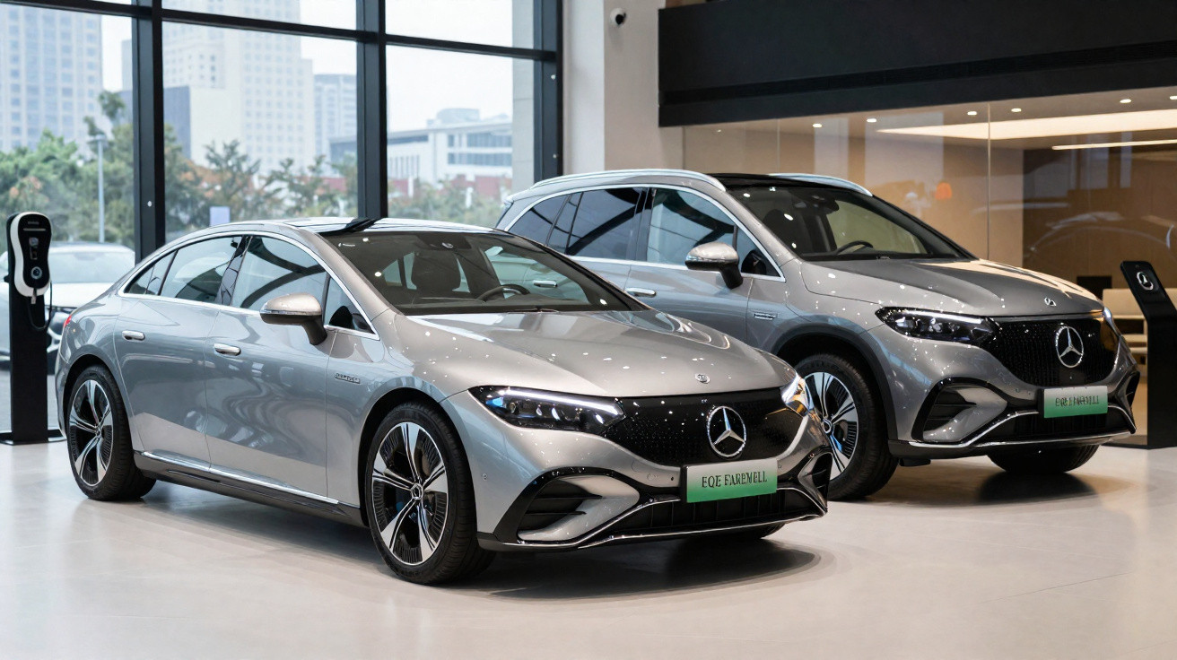 Zwei silberne Mercedes-Benz Elektrofahrzeuge, Limousine und SUV, in einem modernen Autohaus ausgestellt.