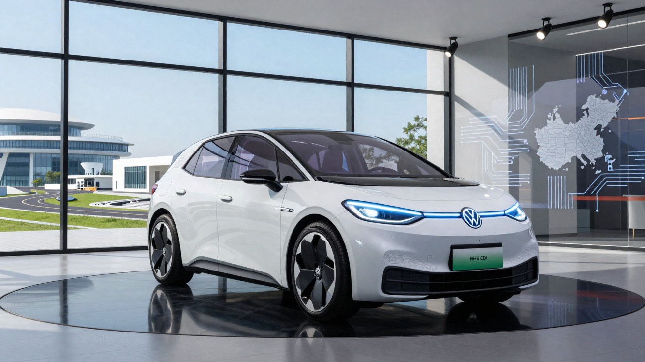 Weisser Volkswagen Elektroauto steht in modernem Showroom mit grossen Fenstern und futuristischer Inneneinrichtung.