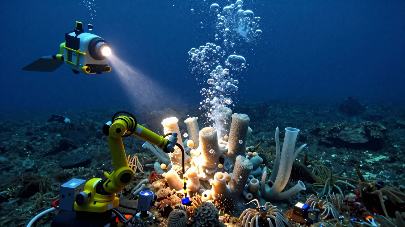 Unterwasserroboter mit Scheinwerfer erforscht Korallen und Meeresboden in dunkler Tiefe.