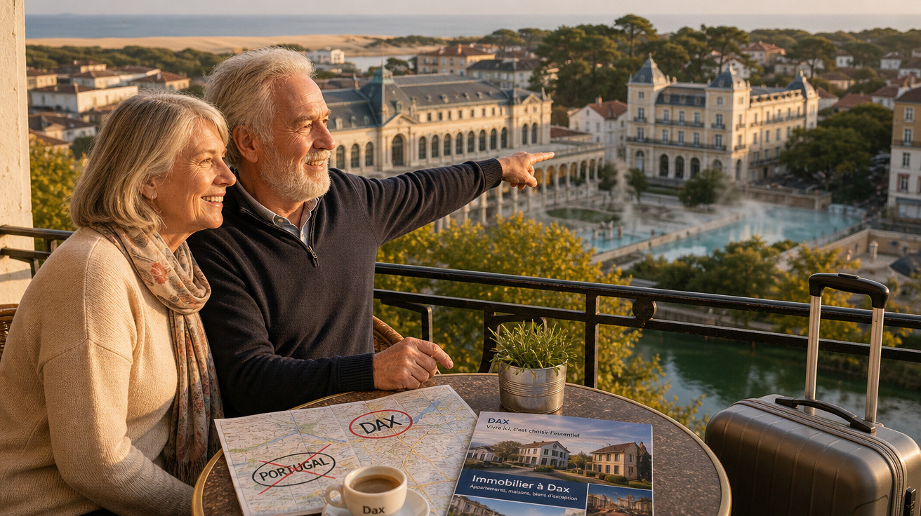 Älteres Paar sitzt auf Balkon, blickt auf Stadt Dax, auf Tisch Landkarte, Broschüre und Kaffeetasse, Rollkoffer daneben.