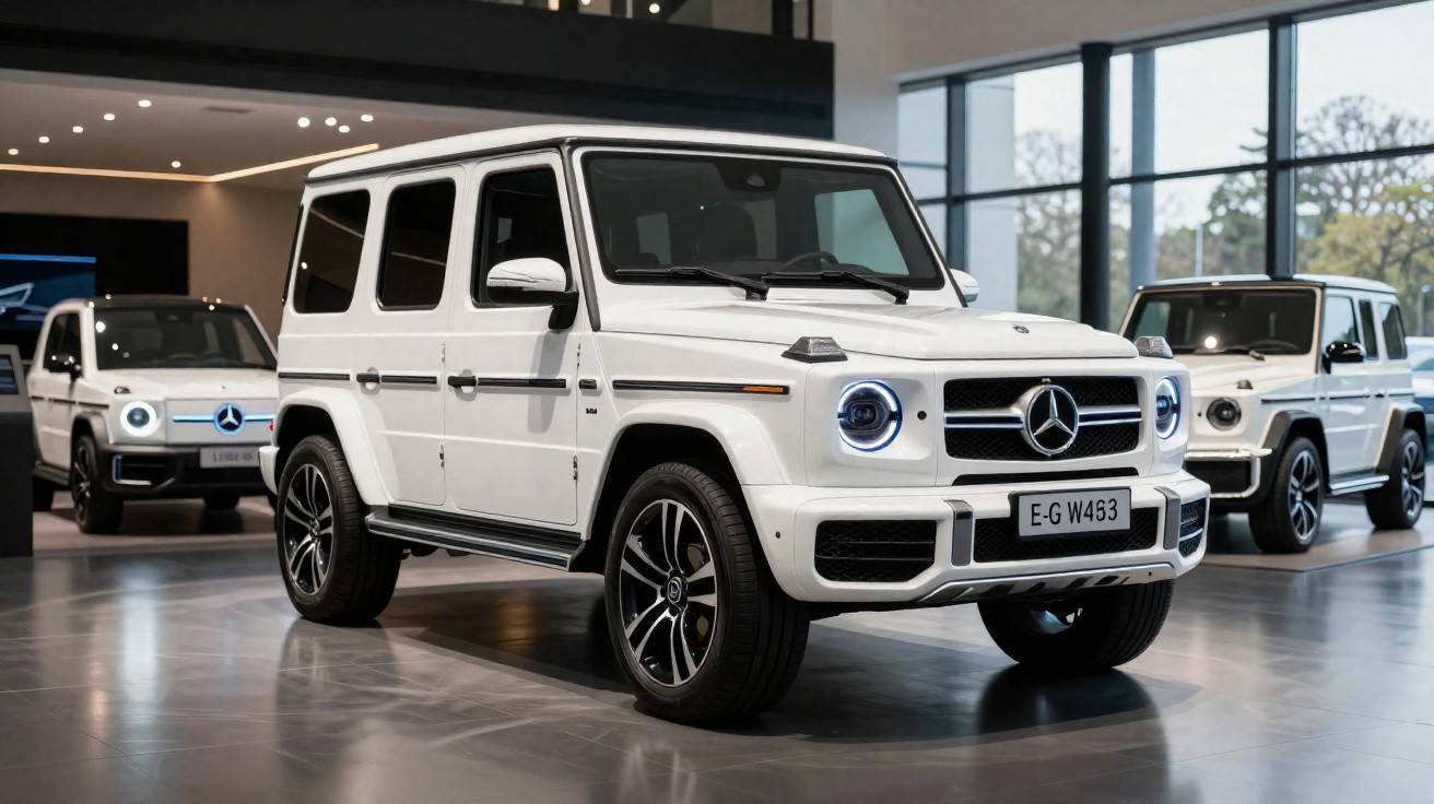 Weisser Mercedes-Benz G-Klasse SUV im Showroom mit zwei weiteren denselben Modellen im Hintergrund.