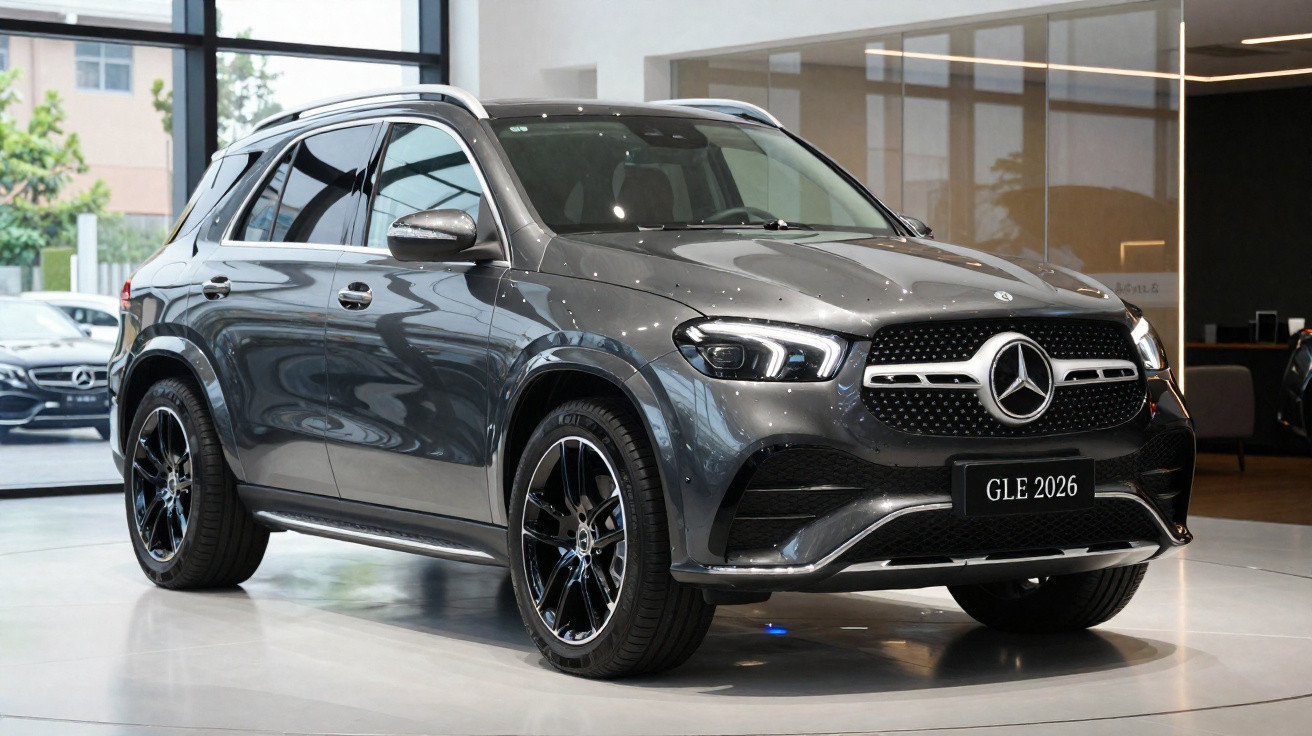 Graumetallic Mercedes-Benz GLE 2026 SUV mit schwarzem Kühlergrill, LED-Scheinwerfern und schwarzen Felgen im Showroom.