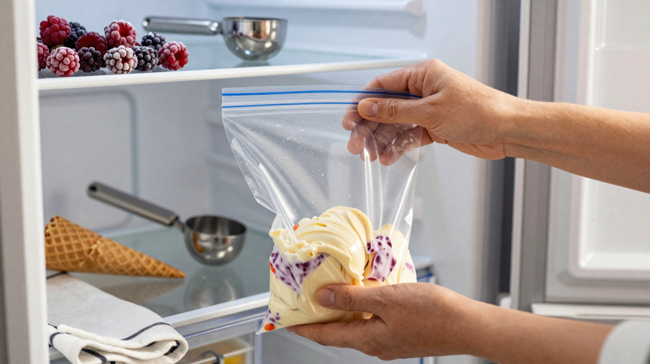 Hände halten einen Gefrierbeutel mit Eiscreme vor offenem Kühlschrank mit gefrorenen Beeren und Eiswaffel.