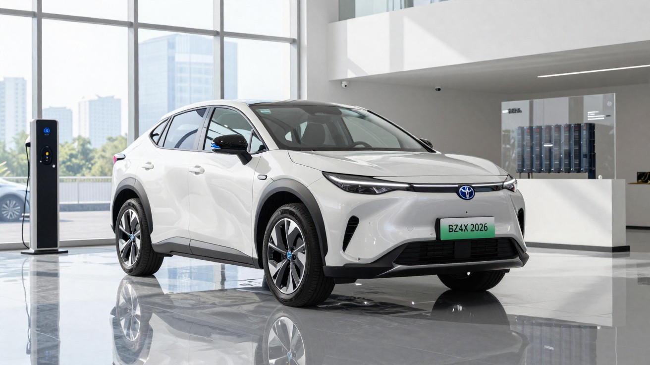 Weisser Toyota Elektro-SUV steht in modernem Showroom neben Ladestation bei Tageslicht