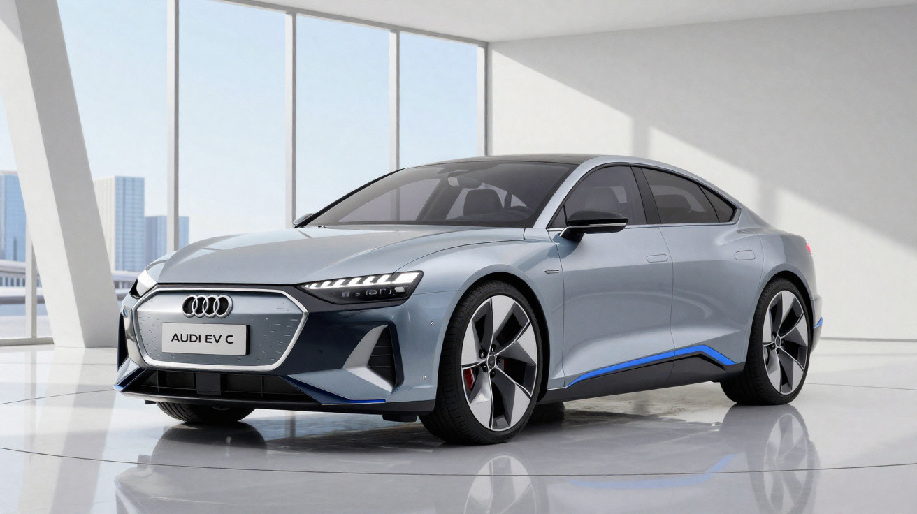 Silberner Audi EV C Elektroauto in hellem Showroom vor grossen Fenstern mit Stadthintergrund