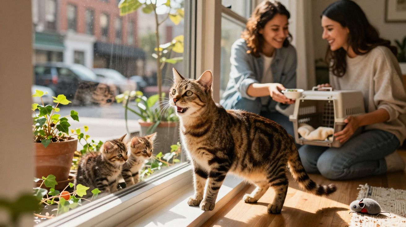 Zwei Frauen setzen Katzen aus einer Transportbox frei, während zwei Kätzchen draussen und eine Katze drinnen am Fenster sind.