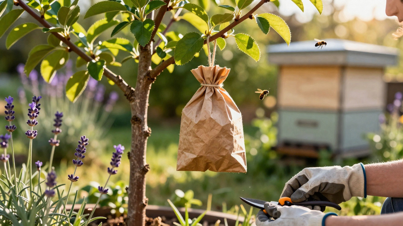 Ein brauner Sack hängt an einem Baum im Garten, zwei Bienen fliegen, Person mit Handschuhen hält Gartenschere.