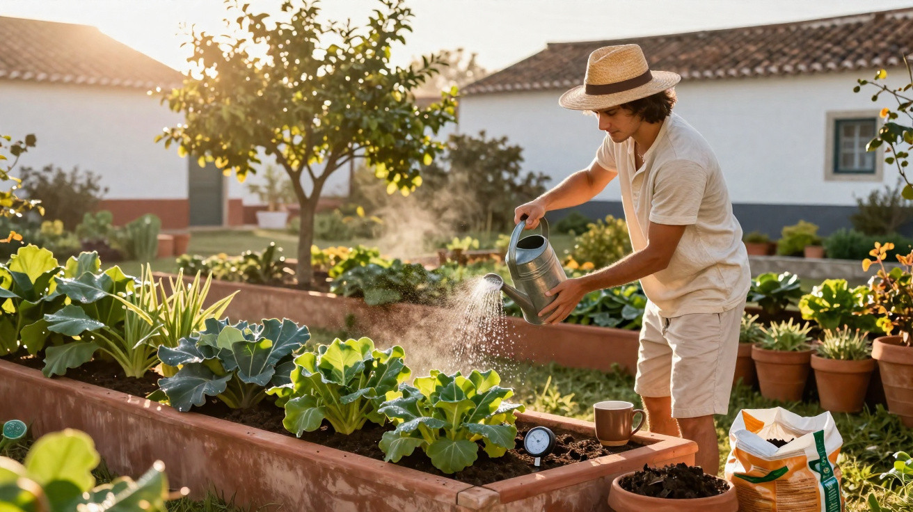 Junger Mann im Strohhut bewässert Gemüse im Hochbeet im sonnigen Garten eines Hauses.