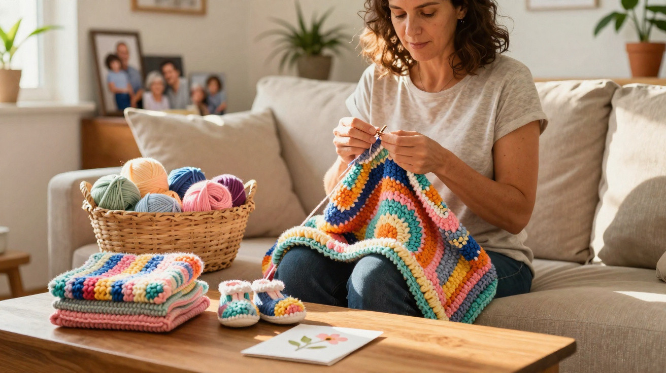 Frau sitzt auf Sofa und häkelt bunte Babydecken und Babyschue auf Holztisch mit Wollkorb.